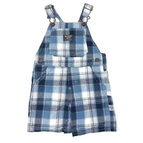 OshKosh Baby Boy Blue White Plaid Shortalls - Picture 1 of 5